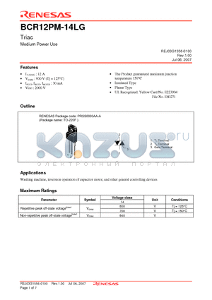 BCR12PM-14LG-A8 datasheet - Triac Medium Power Use