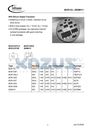 BCR133 datasheet - NPN Silicon Digital Transistor