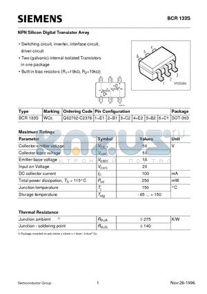 BCR133S datasheet - NPN Silicon Digital Transistor Array (Switching circuit, inverter, interface circuit, driver circuit)