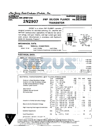 2N2907 datasheet - PNP SILICON PLANEX TRANSISTOR
