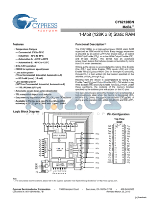 CY62128BNLL-70SXA datasheet - 1-Mbit (128K x 8) Static RAM