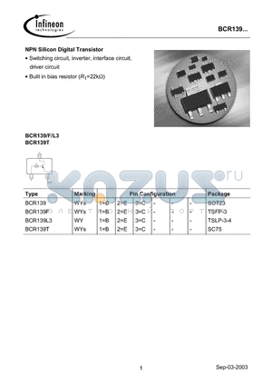 BCR139F datasheet - NPN Silicon Digital Transistor