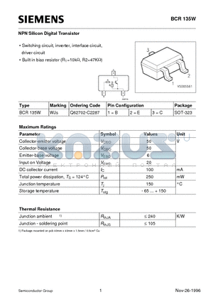 BCR135W datasheet - NPN Silicon Digital Transistor (Switching circuit, inverter, interface circuit, driver circuit)