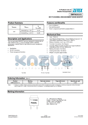 DMP3025LK3-13 datasheet - 30V P-CHANNEL ENHANCEMENT MODE MOSFET