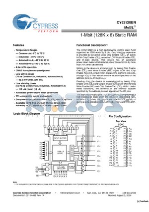 CY62128BNLL-70ZC datasheet - 1-Mbit (128K x 8) Static RAM