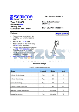 2N2907A datasheet - Type 2N2907A Geometry 0600 Polarity PNP