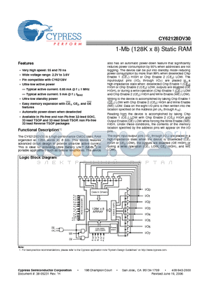 CY62128DV30L-70SI datasheet - 1-Mb (128K x 8) Static RAM