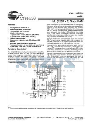 CY62128DV30L-55SI datasheet - 1 Mb (128K x 8) Static RAM