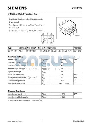 BCR148S datasheet - NPN Silicon Digital Transistor Array (Switching circuit, inverter, interface circuit, driver circuit)