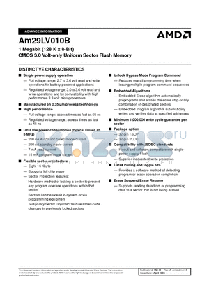 AM29LV010B datasheet - 1 Megabit (128 K x 8-Bit) CMOS 3.0 Volt-only Uniform Sector Flash Memory