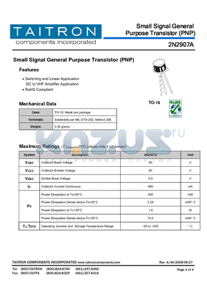 2N2907A datasheet - Small Signal General Purpose Transistor (PNP)