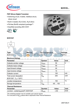 BCR153 datasheet - PNP Silicon Digital Transistor