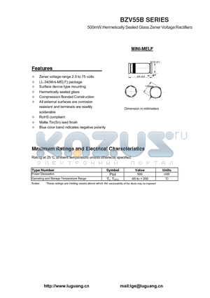 BZV55B2V4 datasheet - 500mW.Hermetically Sealed Glass Zener Voltage Rectifiers