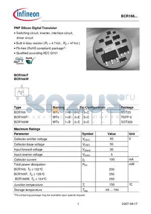 BCR166 datasheet - PNP Silicon Digital Transistor