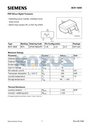 BCR166W datasheet - PNP Silicon Digital Transistor (Switching circuit, inverter, interface circuit, driver circuit)