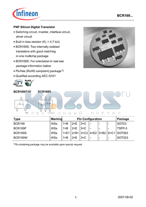 BCR169F datasheet - PNP Silicon Digital Transistor