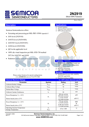 2N2919 datasheet - Silicon NPN Transistor