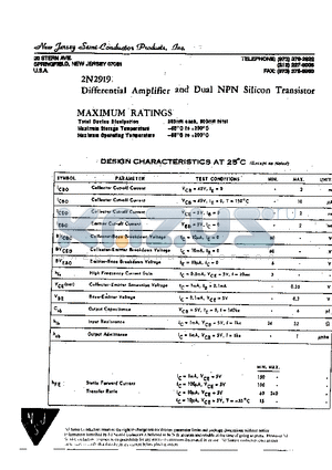 2N2919 datasheet - DIFFERENTIAL AMPLIFIER AND DUAL NPN SILICON TRANSISTOR
