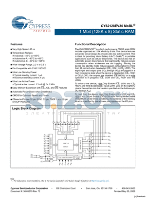 CY62128EV30LL-55ZXE datasheet - 1 Mbit (128K x 8) Static RAM