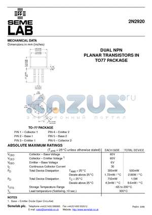 2N2920 datasheet - DUAL NPN PLANAR TRANSISTORS IN TO77 PACKAGE