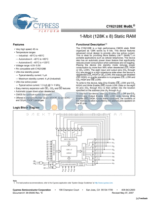 CY62128ELL-45ZXA datasheet - 1-Mbit (128K x 8) Static RAM