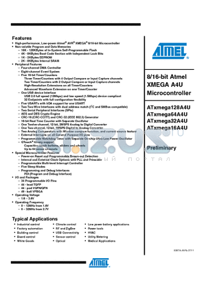 ATXMEGA128A4U-AU datasheet - 8/16-bit Atmel XMEGA A4U Microcontroller