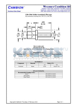 120-1366 datasheet - Solder terminal, Pin type