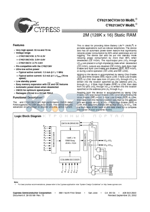 CY62136CV33LL-55BAI datasheet - 2M (128K x 16) Static RAM