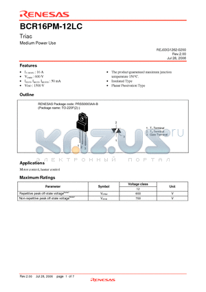 BCR16PM-12LC-A8 datasheet - Triac Medium Power Use