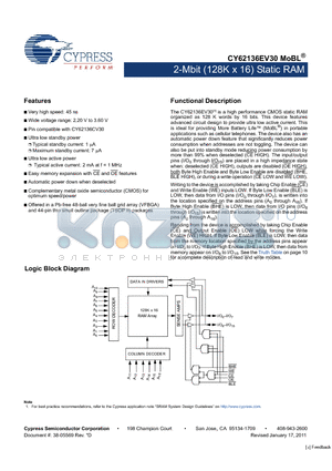 CY62136EV30LL datasheet - 2-Mbit (128K x 16) Static RAM