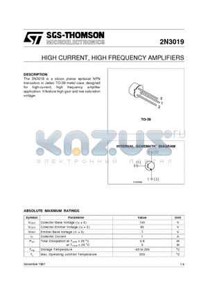 2N3019 datasheet - HIGH CURRENT, HIGH FREQUENCY AMPLIFIERS