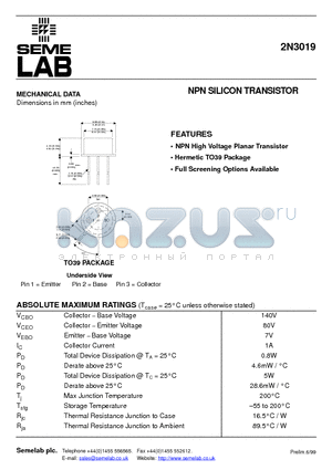 2N3019 datasheet - NPN SILICON TRANSISTOR