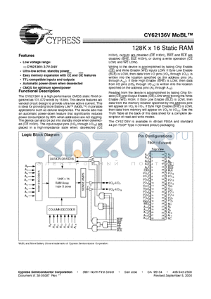 CY62136VLL-70BAI datasheet - 128K x 16 Static RAM