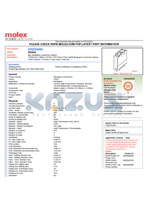 75331-0444 datasheet - 1.85mm by 1.85mm (.073 by .073) Pitch 3-Pair GbX^ Backplane Connector System, Power Module, 6 Circuits,1.27lm (50l) Gold (Au)