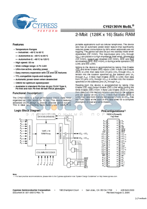 CY62136VNLL-55ZSXA datasheet - 2-Mbit (128K x 16) Static RAM