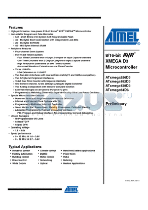 ATXMEGA192D3-MH datasheet - 8/16-bit AVR XMEGA D3 Microcontroller