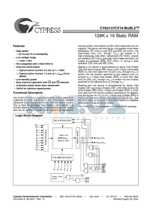 CY62137CV18LL-70BVI datasheet - 128K x 16 Static RAM