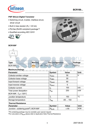 BCR189 datasheet - PNP Silicon Digital Transistor