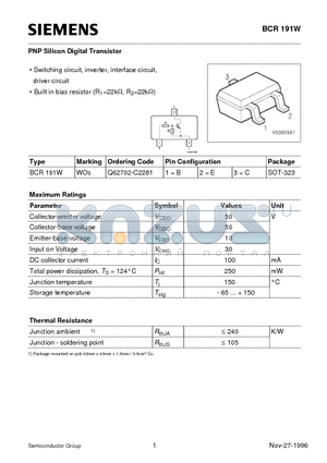 BCR191W datasheet - PNP Silicon Digital Transistor (Switching circuit, inverter, interface circuit, driver circuit)