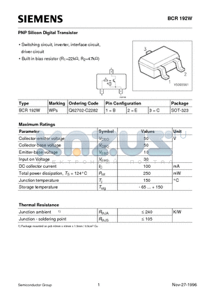 BCR192W datasheet - PNP Silicon Digital Transistor (Switching circuit, inverter, interface circuit, driver circuit)