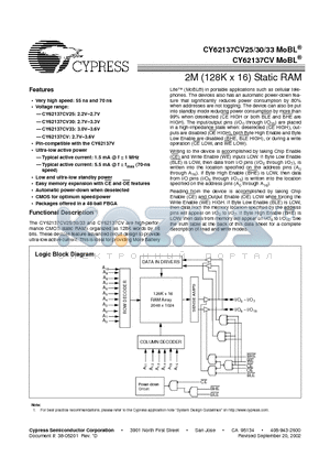 CY62137CV25LL-70BAI datasheet - 2M (128K x 16) Static RAM