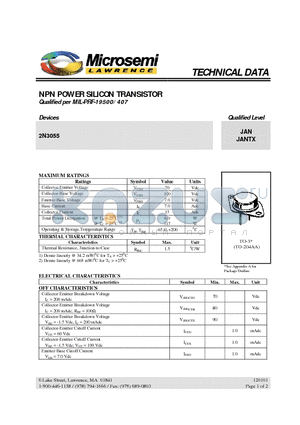 2N3055 datasheet - NPN POWER SILICON TRANSISTOR