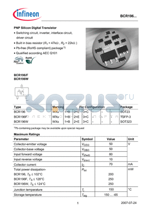 BCR196W datasheet - PNP Silicon Digital Transistor