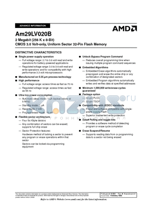 AM29LV020BB-120FC datasheet - 2 Megabit (256 K x 8-Bit) CMOS 3.0 Volt-only, Uniform Sector 32-Pin Flash Memory