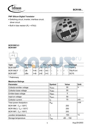 BCR199F datasheet - PNP Silicon Digital Transistor