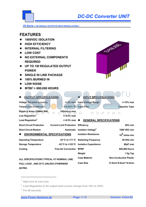 1RD-0505 datasheet - DC-DC Converter UNIT 1W SINGLE OUTPUTS WITH REGULATION