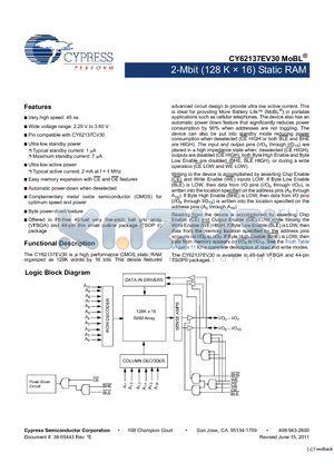 CY62137EV30LL-45ZSXI datasheet - 2-Mbit (128 K x 16) Static RAM Automatic power-down when deselected