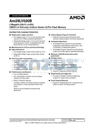 AM29LV020BB-120PE datasheet - 2 Megabit (256 K x 8-Bit) CMOS 3.0 Volt-only, Uniform Sector 32-Pin Flash Memory