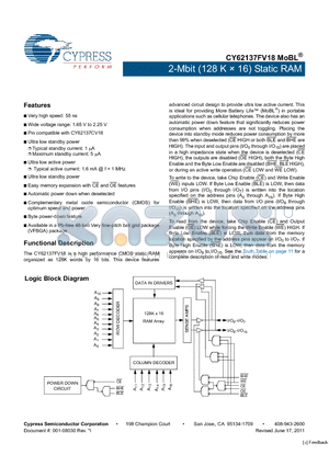 CY62137FV18LL-55BVXI datasheet - 2-Mbit (128 K x 16) Static RAM Automatic power down when deselected