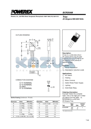 BCR20AM datasheet - Triac 20 Ampere/400-600 Volts